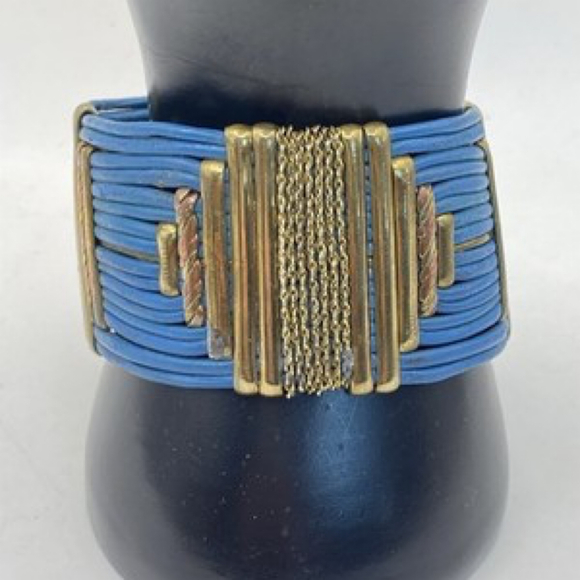 No Brand Jewelry - Vintage Copper Brass Leather Blue Turquoise Cuff Bracelet. Alexis Kirk 7”
